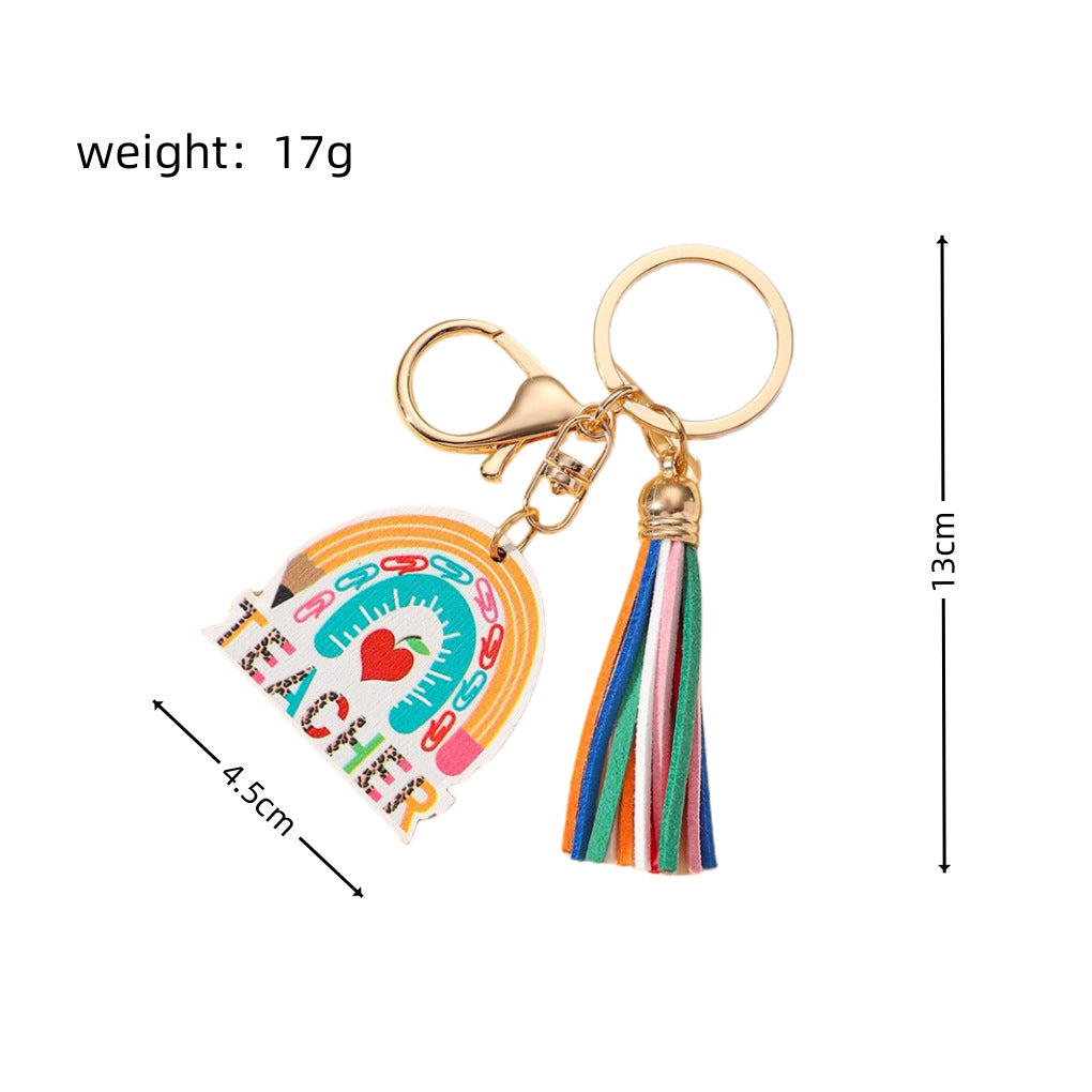 Wholesale Wooden Rainbow Tassel Teacher's Day Gift Keychain